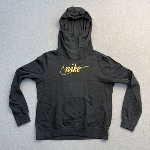 Nike Women’s Small Hoodie Black Gold Swoosh Script Logo High Neck Sweater